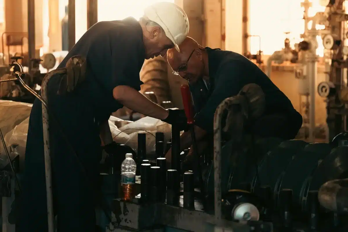 Trabajadores realizando tareas de mantenimiento en una central nuclear con equipos de seguridad