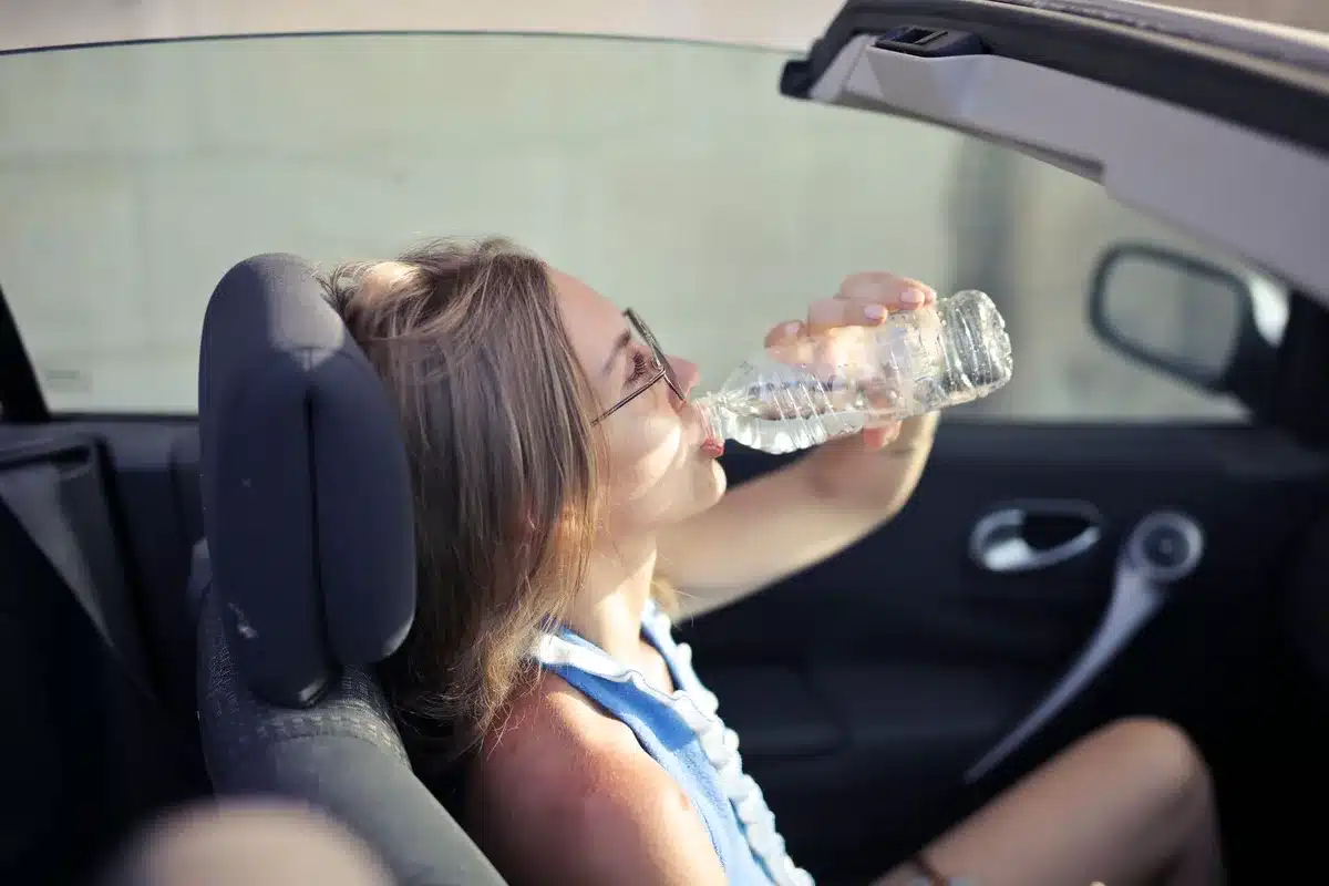 Botella de agua y protección solar dentro de un vehículo durante un viaje en condiciones de calor extremo.