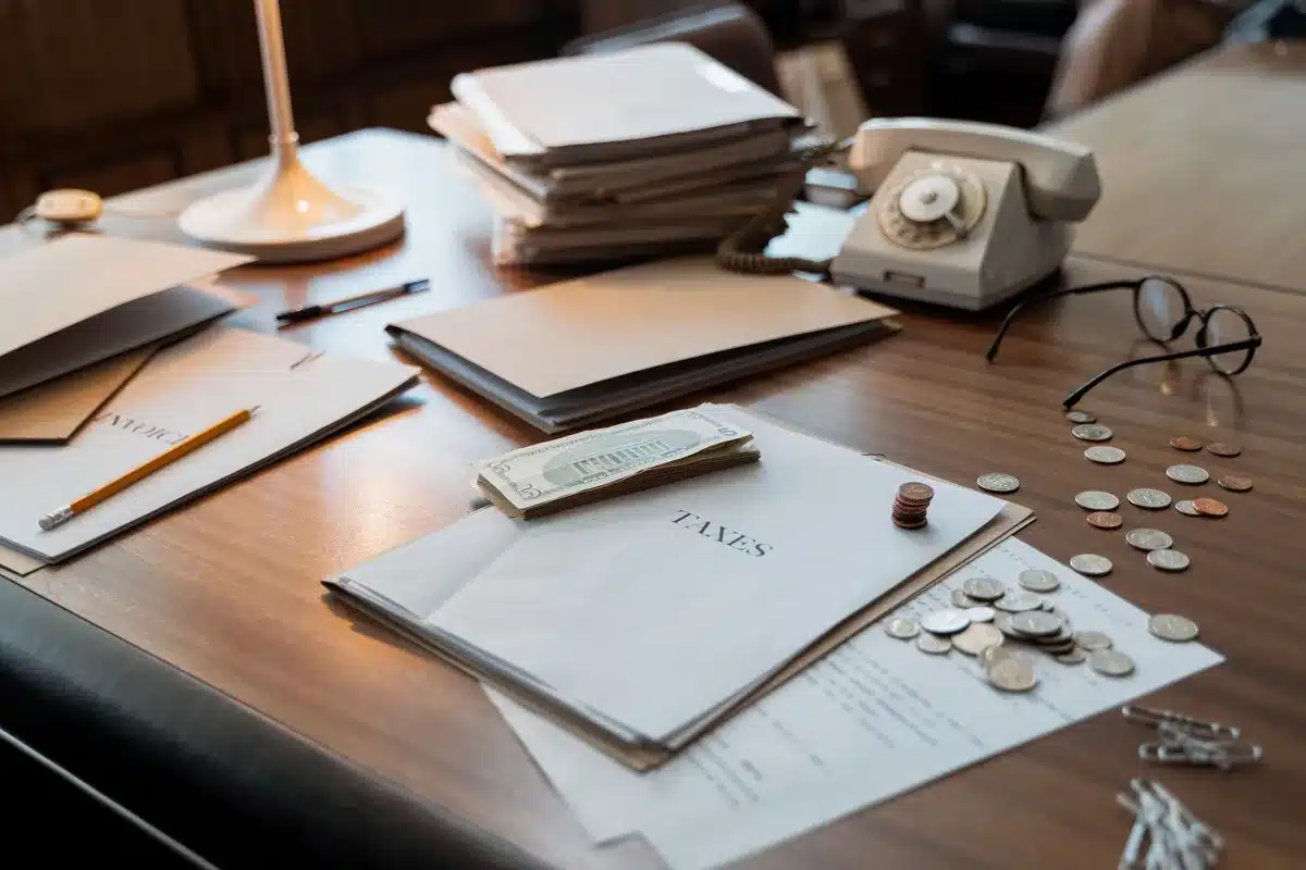 Documentos de presupuestos y gráficos fiscales sobre una mesa de conferencias