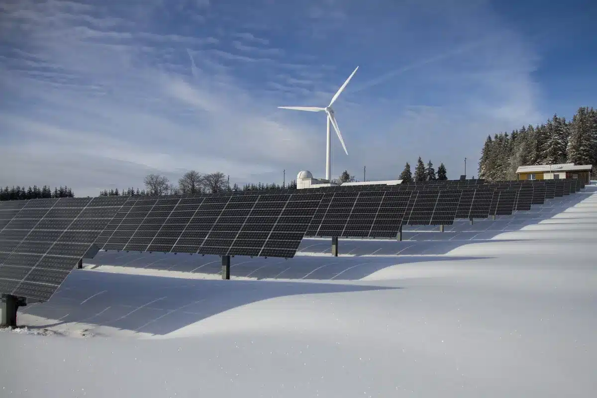 Paneles solares y turbinas eólicas representando la transición energética verde