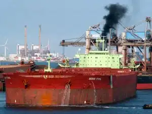 Cola de camiones en el acceso a un puerto, vista amplia y anónima