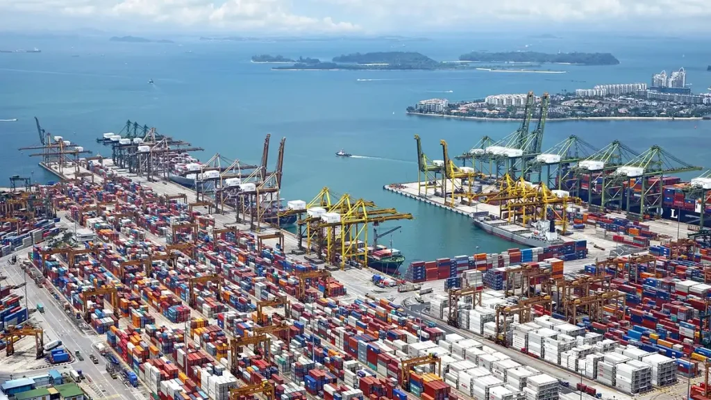 Muelle industrial con superpetroleros y documentos de logística sobre una mesa