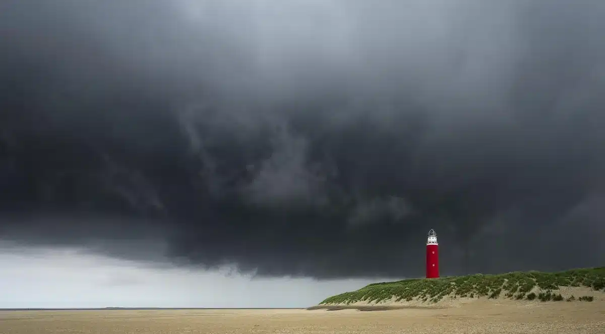 Playa rocosa con carbón esparcido y figuras anónimas de espaldas bajo cielo gris